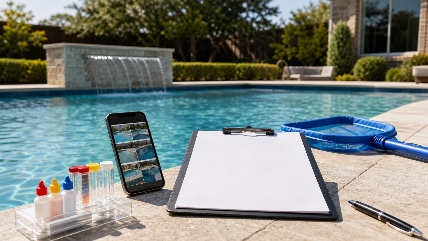 A blank pool service checklist, photo report phone, and test kit beside a sparkling Plano pool.