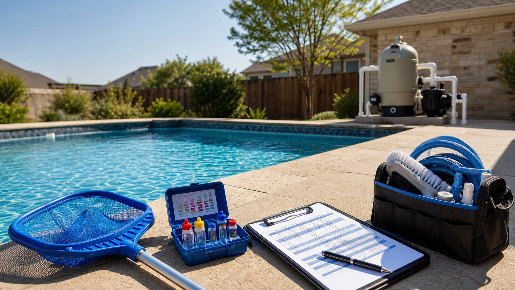 Pool service tools, a test kit, and a pricing clipboard beside a clean Plano backyard pool.