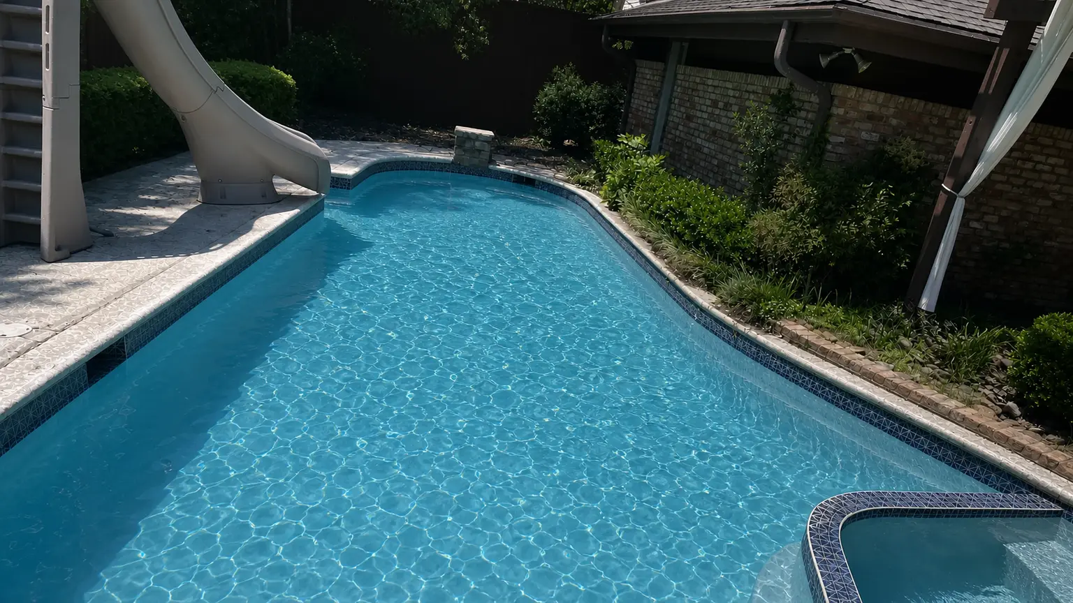 A clear blue backyard pool with a water slide and an attached spa beside a covered patio.