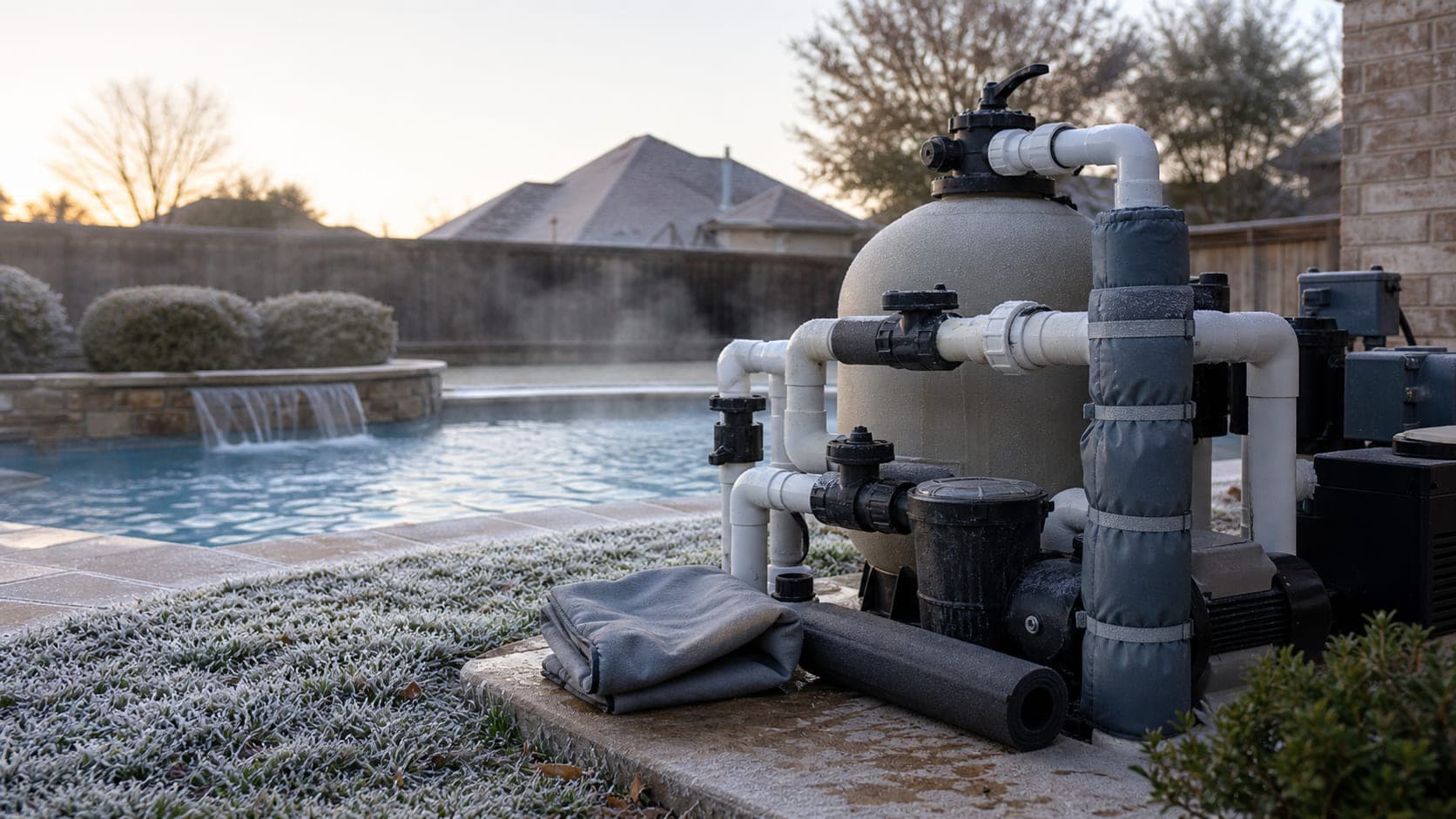Frosty pool equipment with insulated pipes beside a circulating backyard pool during a Texas freeze.