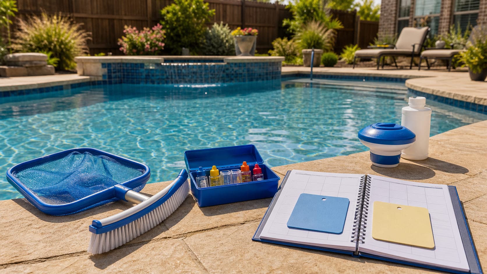Pool cleaning tools, a test kit, and a blank service planner beside a clean backyard pool.